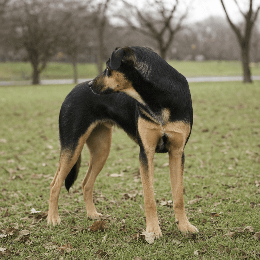 An adolescent dog standing in a park with its head turned away, fixed on something out of frame.