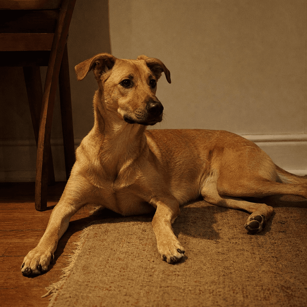 A young tan dog lying on a rug in warm evening lamplight, head up and still alert.